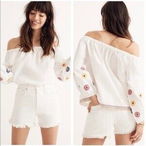 Madewell White Embroidered Off Shoulder Top Size Medium